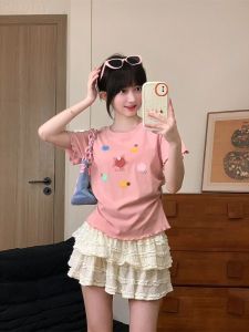 Áo Thun Nữ Tay Ngắn Thêu Ngôi Sao Màu Sắc Phong Cách Hàn Quốc Cổ Tròn Dáng Ôm Vừa Vặn Mùa Hè 2024