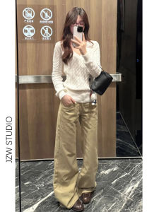 Khaki Loose Fit Womens Jeans Flared Bootcut Casual Low Waist Denim Pants Tapered Ankle Length Wear Resistant Everyday Jeans