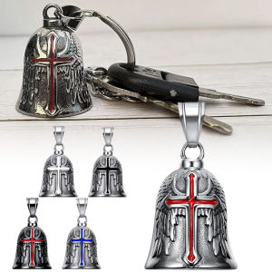 Retro Punk Style Guardian Bell Motorcycle Bells Mens Cross Lucky Bell Angel Wing Knight Bell Metal Pendant Motorcycle Accessory