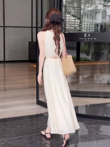 Váy Dài Cạp Cao Kiểu Pháp Thời Trang Mùa Hè Mới Cho Nữ Màu Trắng Sữa Hở Eo Thon Gọn Cỡ Nhỏ Không Tay Cổ Tròn