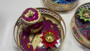 Pichwai Printed Decorative 8-Inch Metal Tray Set – 3 Pcs (Tray Jar & Diya) | Budget & Return Gift | Festive Home Décor Pooja Decor