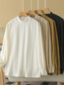 Áo Thun Nữ Tay Dài Cổ Cao Ren Phong Cách Hàn Quốc Mùa Xuân Thu Áo Sơ Mi Cơ Bản Cỡ Lớn Mới Về Chất Liệu Polyester