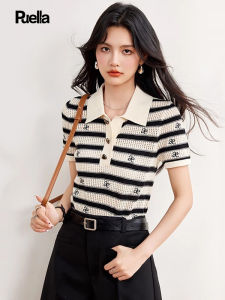 Puella | Áo Sweater Len Sọc Màu Đẹp có Khuy Thêu Hình Tim và Cổ Áo Polo
