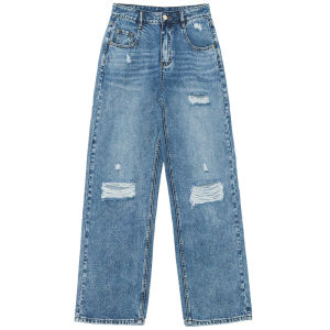 High Waist Straight Leg Jeans Torn Hole Design Silk Denim Blue High Waist Long Pants Wear Resistant Spring Autumn Season