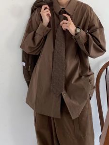 Spring Autumn Loose Fit Long Sleeve Mens Shirt Pure Color Layering Casual Workwear Versatile Outerwear Trendy Brand