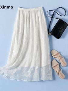 XMO | French Embroidered Silk A-Line Long Skirt