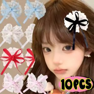 10Pcs Korean Lace Bowknot Hair Clip Girl Bangs Side Barrettes Handmade Headdress for Baby Girl Red Ribbon White Floral Hairpin