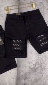 Quần short jean nam xám rách thêu vá logo quần short nam chất bò vải dày co dãn mẫu mới cao cấp chuẩn shop