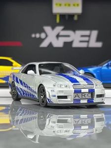 323LEO 1:32 รถของเล่นโลหะดีไซน์ Nissan GTR R34 โมเดลรถบรรทุกสำหรับเด็ก ของเล่น ยานพาหนะ งานอดิเรก คอลเลกชัน