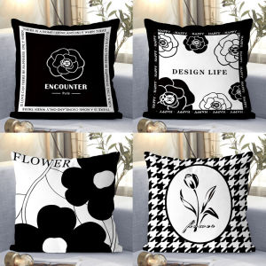 Modern Luxury Black White Simple Velvet Pillow Sofa Living Room Homestay Lumbar Pillow Cover Cushion Pad Square Plaid Pattern