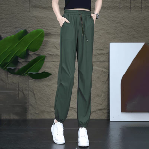 กางเกงทรงสลิมฟิตเอวสูงผ้าไหมน้ำแข็ง ทรงหลวม กางเกงขายาวทรงฮาเร็ม ทรงลำลอง สวมใส่สบาย แห้งเร็ว สำหรับผู้หญิง