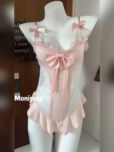 SatisfClothe 💞💞 ชุดบอดี้สูทเซ็กซี่ ลูกไม้ ชุดนอนซีทรู สีชมพู ชุดนอนน่ารัก โค้งคำนับ ใส่สบาย ส่งไวจากไทย