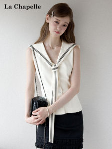 La Chapelle | Navy Collar Bow-Tie Vest Shirt Slim Fit Summer Sleeveless Blouse