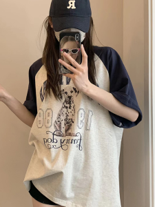 Casual Letter Print Short Sleeve T-Shirt Shoulder Insert Dog Spot Design round Neck Top for Couples Summer Loose Fit Inner Wear