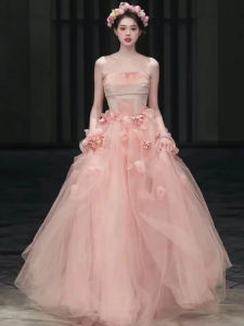 ชุดแต่งงานสีชมพู เดรสเจ้าสาวแขนกุดเอวกลาง กระโปรงทรงเจ้าหญิง ชุดราตรีสไตล์เกาหลี ชุดราตรียาว