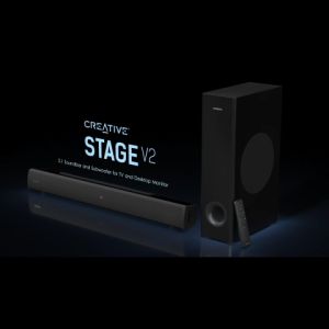 Creative Stage V2 - 2.1 Soundbar with Subwoofer Clear Dialog and Surround by Sound Blaster Bluetooth 5.0 TV ARC Optical and USB Audio Wall Mountable Adjustable Bass and Treble Speaker for TV