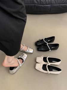 Giày Đơn Trơn Đầu Vuông Màu Bạc Nữ Mùa Xuân Mùa Thu Giày Cổ Tích Thời Trang Gió Trang Phục Buổi Tối Giày Đế Bằng Pháp Mary Jane