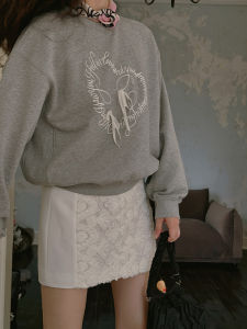 Romantic French Vintage Loose Fit Sweatshirt with Butterfly Knot Print Letter Heart Pattern Sweet Style Cotton Long Sleeve Hoodie