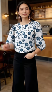 FunnyeS Womens Vintage Floral Print Lantern Sleeve Blouse Round Neck Half Sleeve Chiffon Top 2921