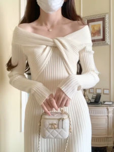 French Long Dress Knitted Sweater Inner Wear Base Layer Autumn Winter High Waist A-Line Skirt Party Evening Gown White Color