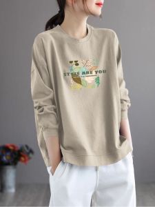 Slimming Effect Pure Cotton Long Sleeve round Neck Womens Top Fashionable Casual T-Shirt Comfortable Breathable Autumn Wear