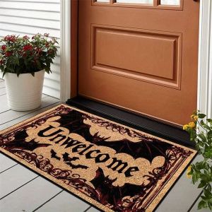 VIKAMA Halloween Dark Welcome Floor Mat Unwelcome Bat Vintage Pattern Non Slip Indoor Horror Theme Party Decor Carpet