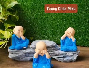 Bộ 03 tượng Tam Không 10cm chú tiểu áo xanh dương kèm chân đế giả đá