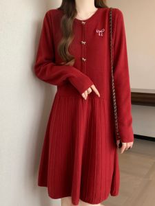 Christmas Red Knitted Dress Womens Autumn plus Size Inner Wear Base Medium Length Sweater Dress Commute Korean Style High Waist