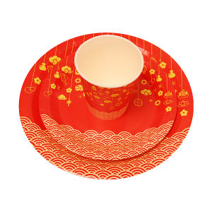 Thickened Disposable Paper Tableware Set for New Years Dinner And Party Dessert Plate And Paper Cups Chinese Style Drawing