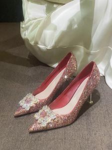 เรียบหรู รองเท้าแต่งงานเลื่อมฝรั่งเศสรองเท้าส้นสูง ผู้หญิง 2024 สไตล์ใหม่สวมใส่สองทางคริสตัลสีแดงรองเท้าเดียว ทันสมัย รองเท้าส้นเตี้ย