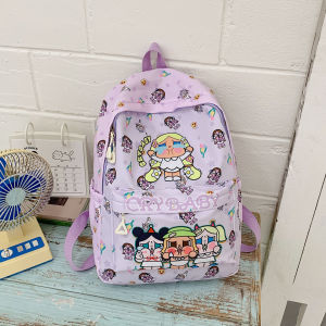 Cartoon Print Womens Backpack Lightweight Versatile Student Bookbag Commuter Travel Bag Square Shape Zipper Closure
