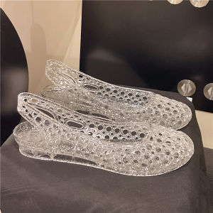 Summer Women Crystal Jelly Hollow Sandals Lady Open-Toe Fish Mouth Flat Hole Shoes Adult Soft Sole Breathable Mom Shoes Casual