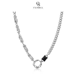 Cusoul Silver Black Necklace Ring Design Cool Pendant Boyfriend Girlfriend Gift Fashion Jewelry Accessories Simple Safety Buckle Pendant Necklaces for Men Women Gift Package