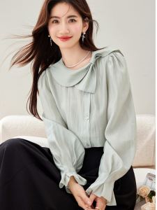 เสื้อเชิ้ตผ้าชีฟองไหมลายผีเสื้อแขนยาวสำหรับผู้หญิง ฤดูใบไม้ร่วง คอไม่สม่ำเสมอ ดีไซน์เก๋ไก๋ ผ้าฝ้ายผสมโพลีเอสเตอร์