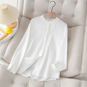 French Style Lace Stand Collar White Shirt Plus Size 2024 Spring & Fall New Design Sense Niche Style Organ Pleats Elegant Tops