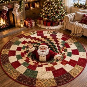 VIKAMA 3D Santa Chimney Round Rug Quilted Print Circular Mat Non Slip For Living Room Bedroom Christmas Illusion Home Decor