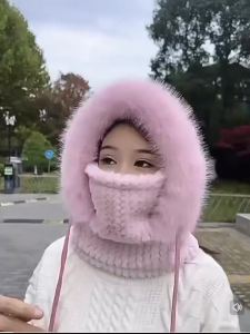 Womens Winter Thermal Hood Soft Plush Hat with Scarf and Mask Windproof Ear Protection for Outdoor Riding and Cycling