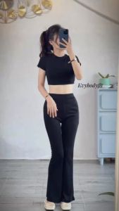 Set áo croptop tay ngắn kèm quần dài ống loe Kvy S1 chất cotton mịn dày dặn co giãn thích hợp mặc đi tiệc đi làm đi chơi