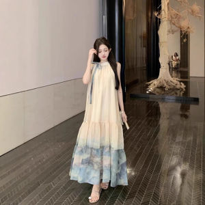 DSF Studio new Chinese style beautiful neck dress womens summer new atmosphere seaside vacation wind beach dress