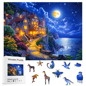 Moonlit Coastal Castle Wooden Jigsaw Puzzle with Unique Animal-Shaped Pieces Challenging Puzzle for Adults Ideal Gift & Home D