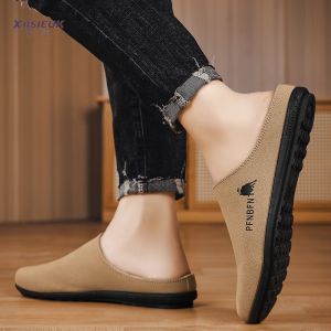 Khaki Personalized Half Slip-On Bean Shoes Men Summer Easy Wear Office Slip-On Slippers round Toe Flat Heel Breathable Casual Shoes