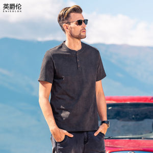 Fashionable Retro Tie-Dye Short Sleeve T-Shirt Mens American Style Worn-Out Henry Collar Half Sleeve Ameika Khaki Top