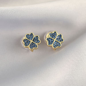 Blue Four-leaf Clover Ear Cuff Tiny Rhinestone Elegant Design Sensation Ear Jewelry Clip-on No Piercing Required Mosquito Coil Tray