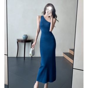 Summer New Style Slimming French Knitted Wrap Dress Womens Pure Desire Shoulder Strap Dress Long A-Line Midi Dress without Sleeve