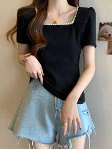 plus Size Womens Short Sleeve T-Shirt Square Collar Slimming Top Summer Cover Belly Button Design Korean Style Commute Pure Color