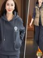 Women's Fleece Lined Loose Thickened Hoodie Set Autumn Winter Sportswear Large Size Whole Set Long Pants Long Sleeve Zipper Closure. 