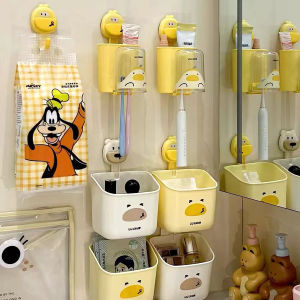 Large Capacity Bathroom Wall Mounted Suction Cup Toothbrush Holder Cartoon Cute Storage Basket for Student Dormitory Bathroom