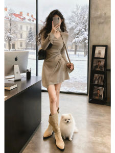 QFN | Oat-colored Slim Fit V-neck Long-sleeve Dress
