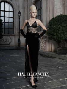 Black Silk Velvet High Slit Bodycon Skirt Gold Ratio HAUTE FANCIES Post Concept High Waist Long Skirt for Womens Fashion