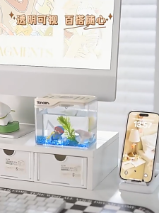 ตู้ปลาพลาสติก โหลปลากัด ตู้ปลาเล็ก ห้องนั่งเล่น บ้าน ภูมิทัศน์ การออกแบบที่มีฝาปิด ป้องกันการกระโดด